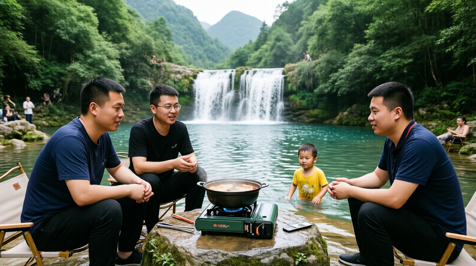 Locals cooking hotpot during a waterfall picnic in Guiyang