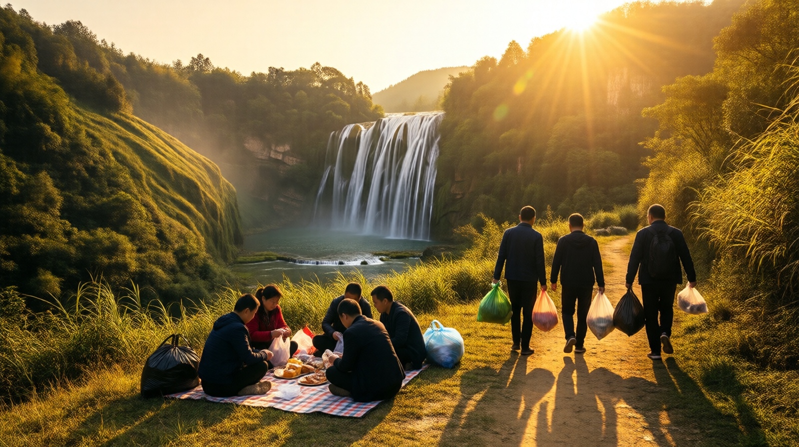 People packing up a waterfall picnic in Guiyang at sunset