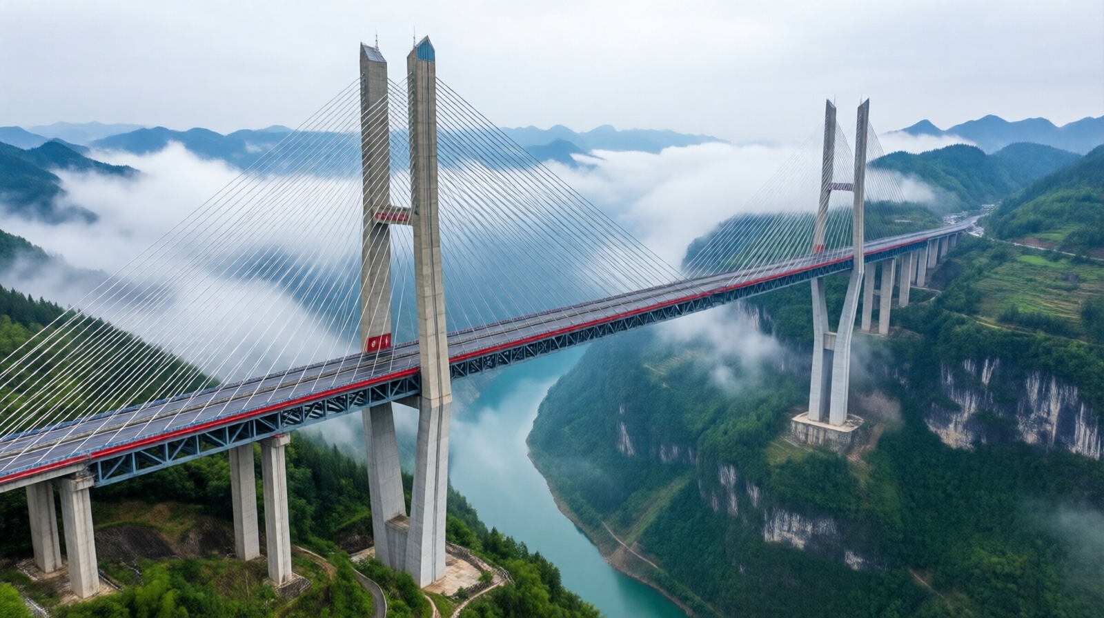 Aerial view of the Beipan River Bridge in Guizhou, China, with cloud-filled canyon