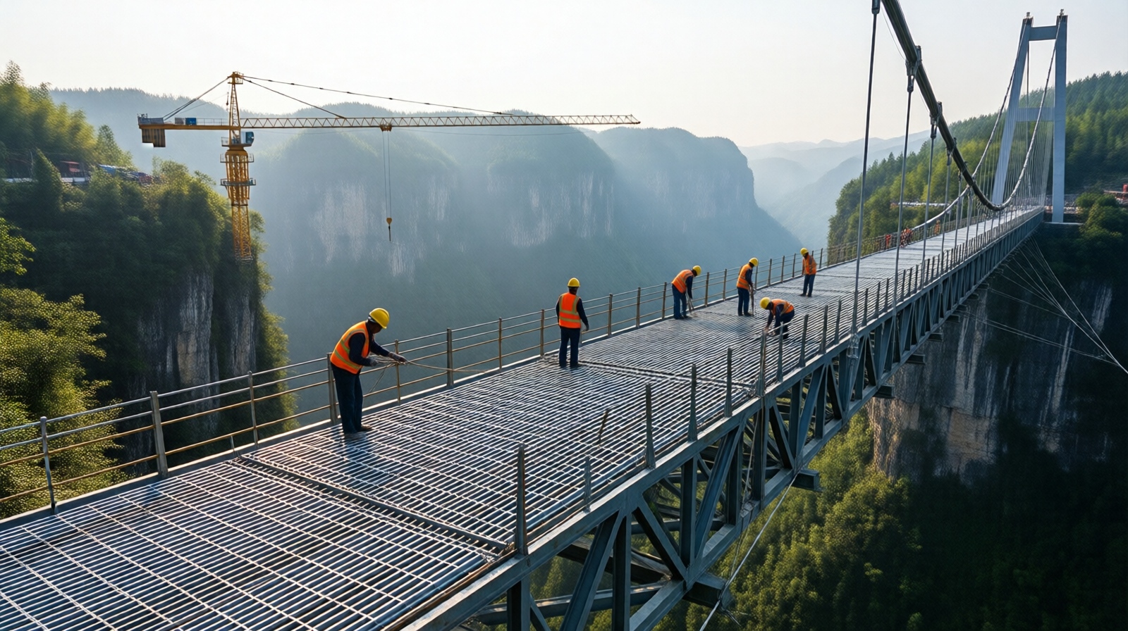 Construction workers assembling a bridge deck segment on a Guizhou sky bridge