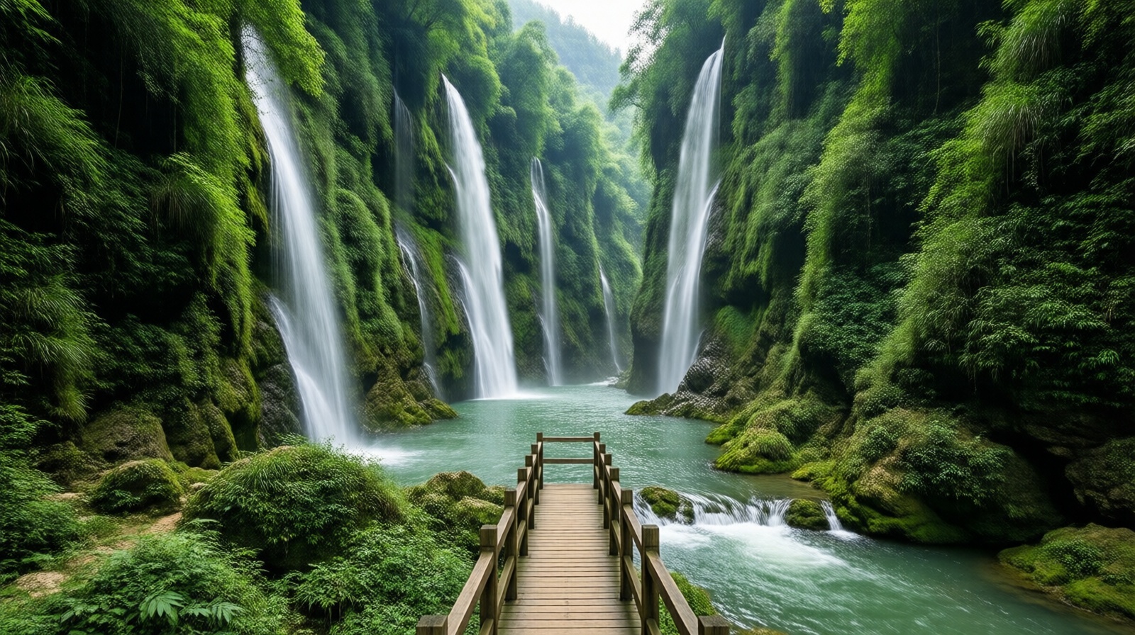 Multiple hidden waterfalls flowing down a karst canyon in Guizhou, China