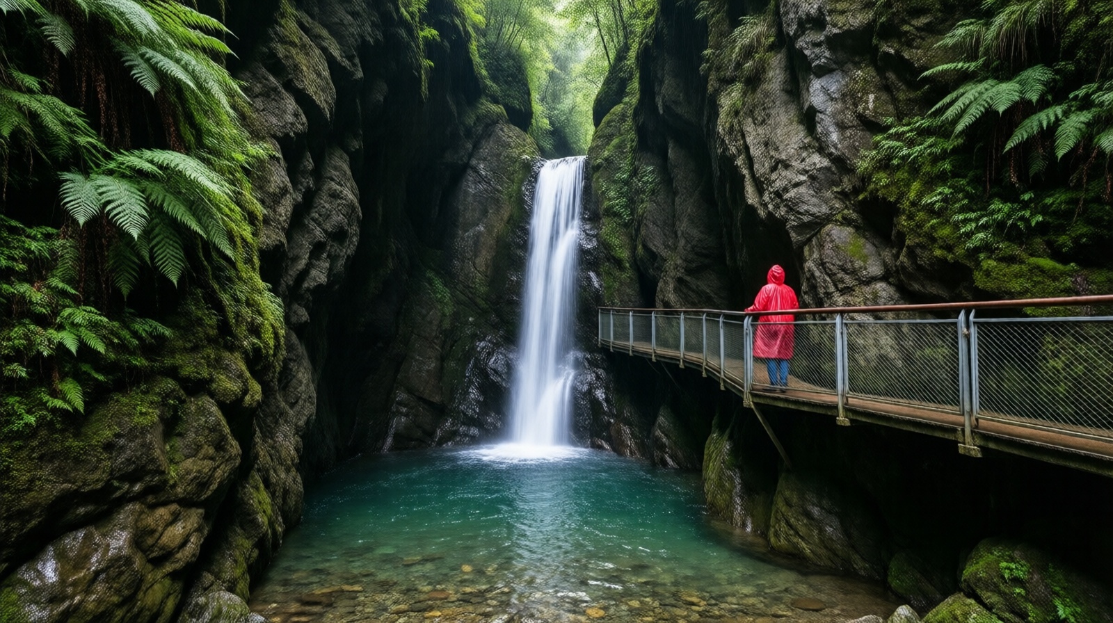 Hiker looking at a waterfall in a narrow limestone gorge in Guizhou