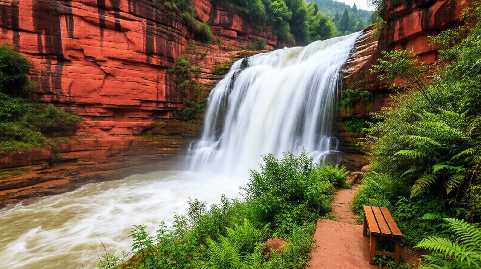 Red sandstone cliffs with a waterfall in Chishui, Guizhou