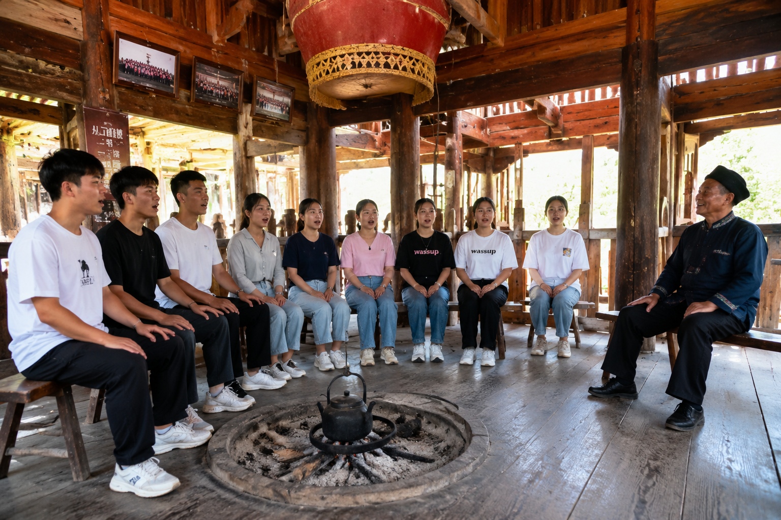 Young Dong singers rehearse the Grand Song in a traditional drum tower in Guizhou, China.