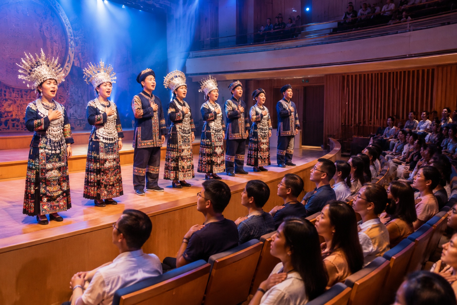 Dong Grand Song performers entertain a silent, moved audience in a grand concert hall.