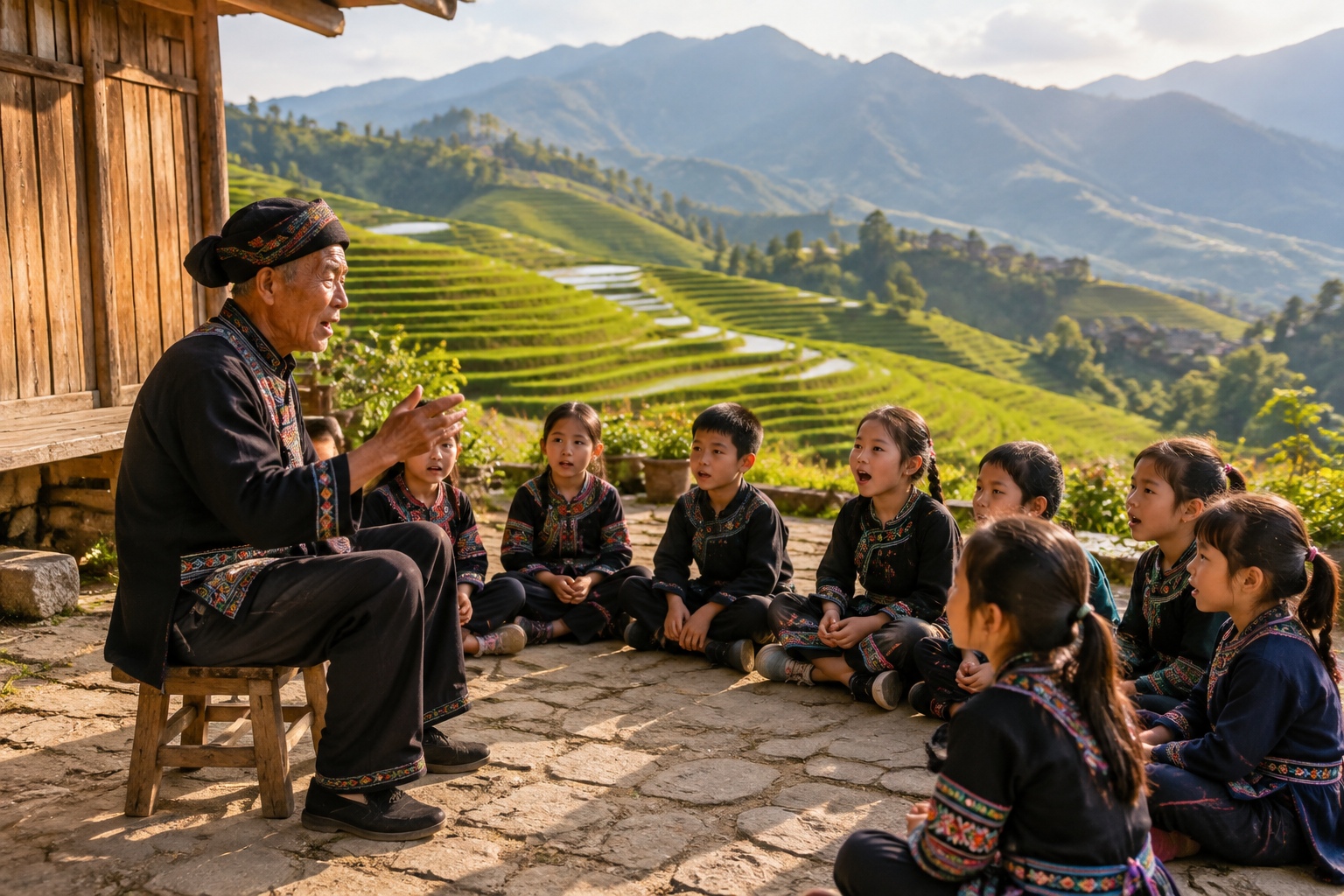 Elderly Dong song master teaches children traditional singing in a mountain village courtyard.