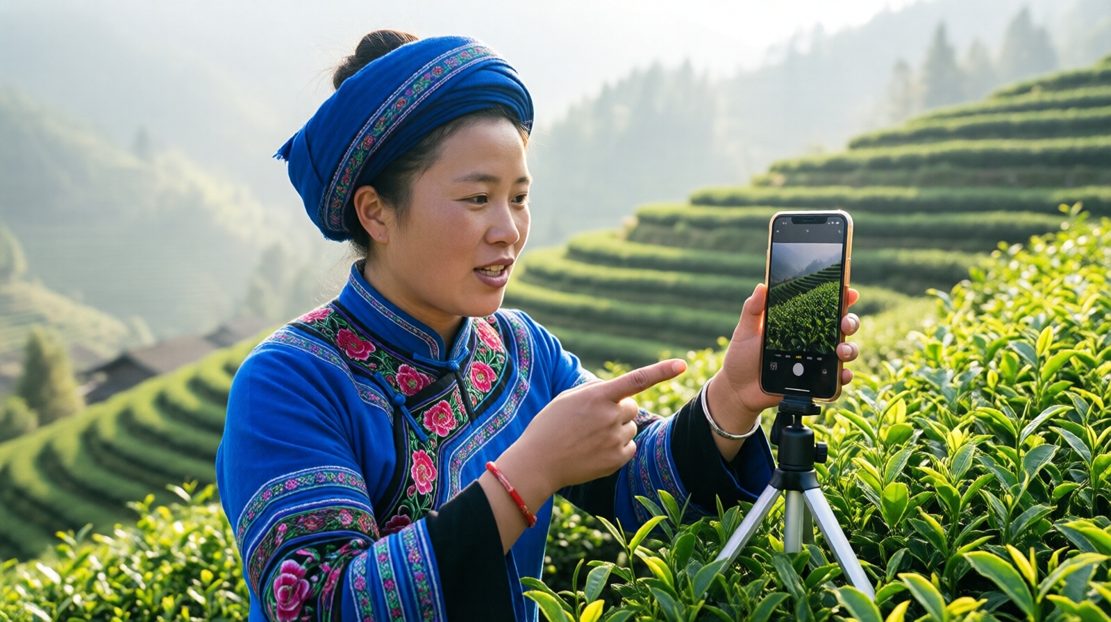 Miao woman live-streaming tea harvest in a terraced Guizhou tea field