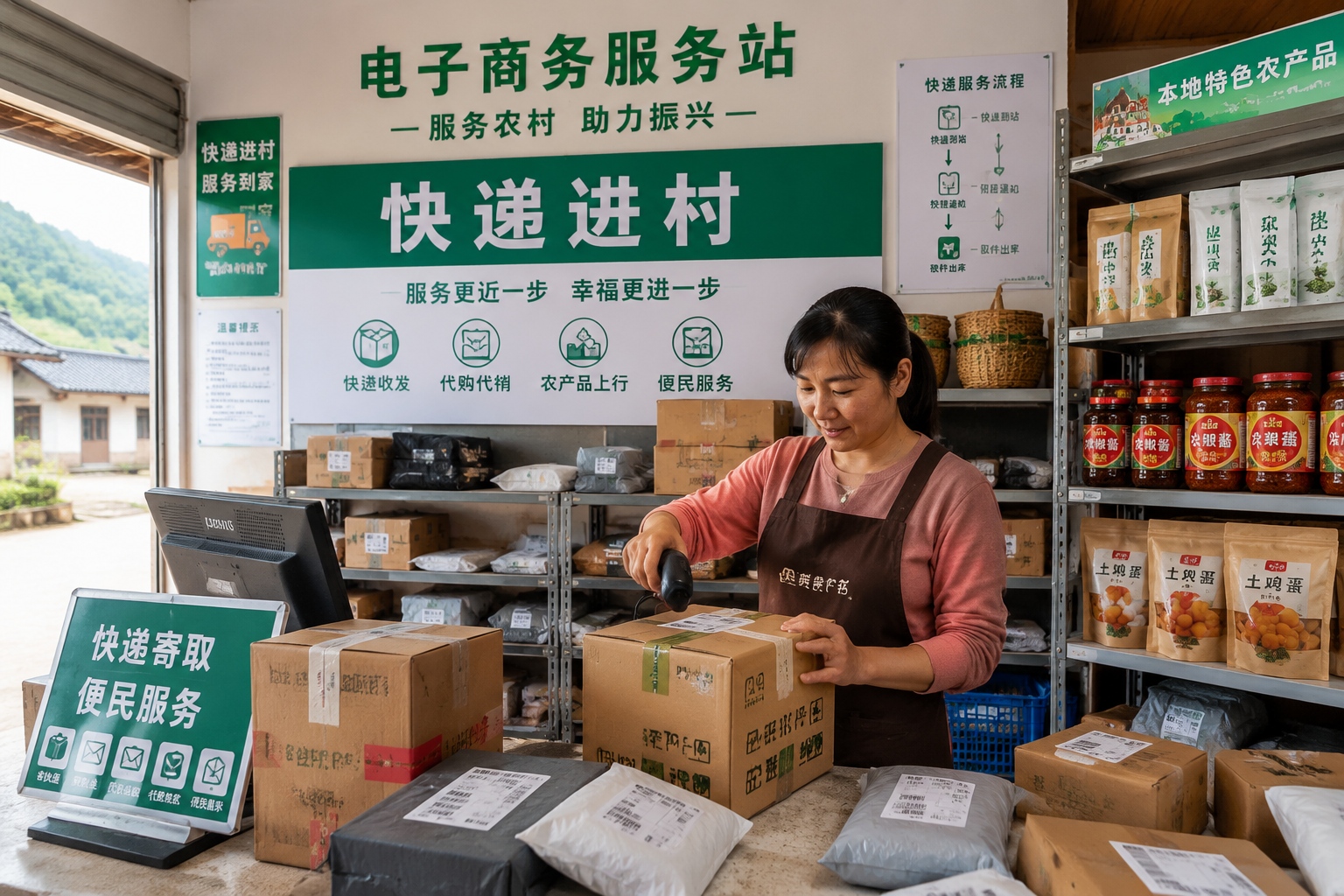 Rural e-commerce service station in Guizhou with packaged local products for shipping