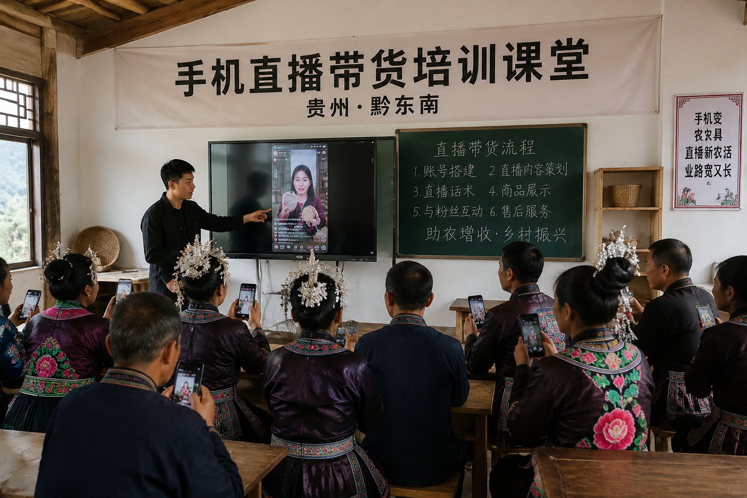 Miao villagers learning live-streaming techniques at a training session in Guizhou