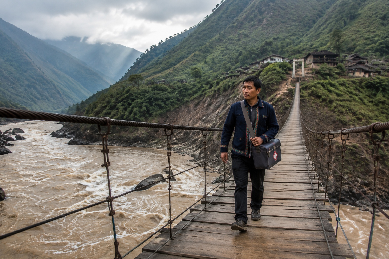 Lisu village doctor crossing a suspension bridge over the Nujiang River in Yunnan