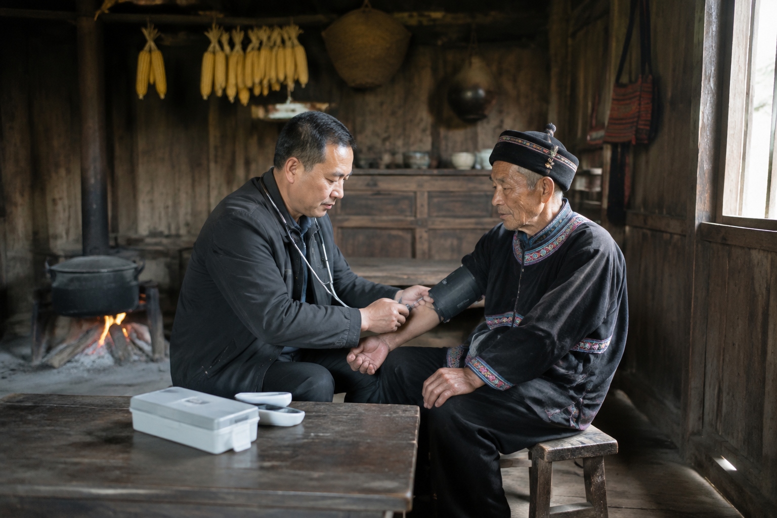 Village doctor checking blood pressure of an elderly Lisu man inside his wooden home