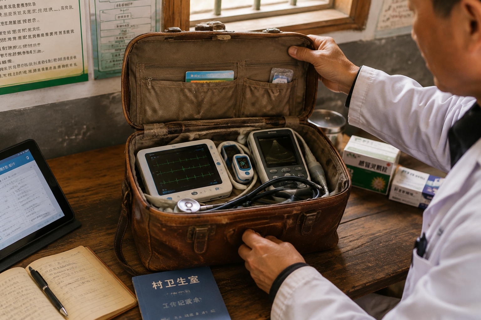 Village doctor showing portable medical devices including ECG monitor and tablet in a rural clinic