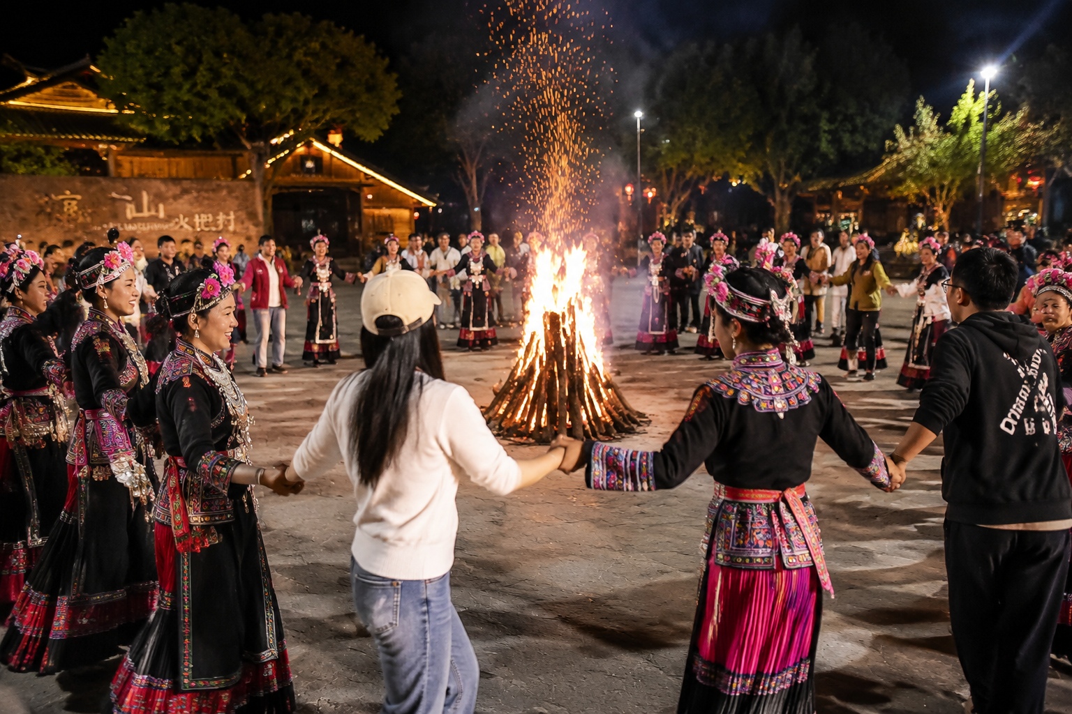 Yi men and women in traditional dress dance the duo ti circle dance around a bonfire during the Liangshan Torch Festival