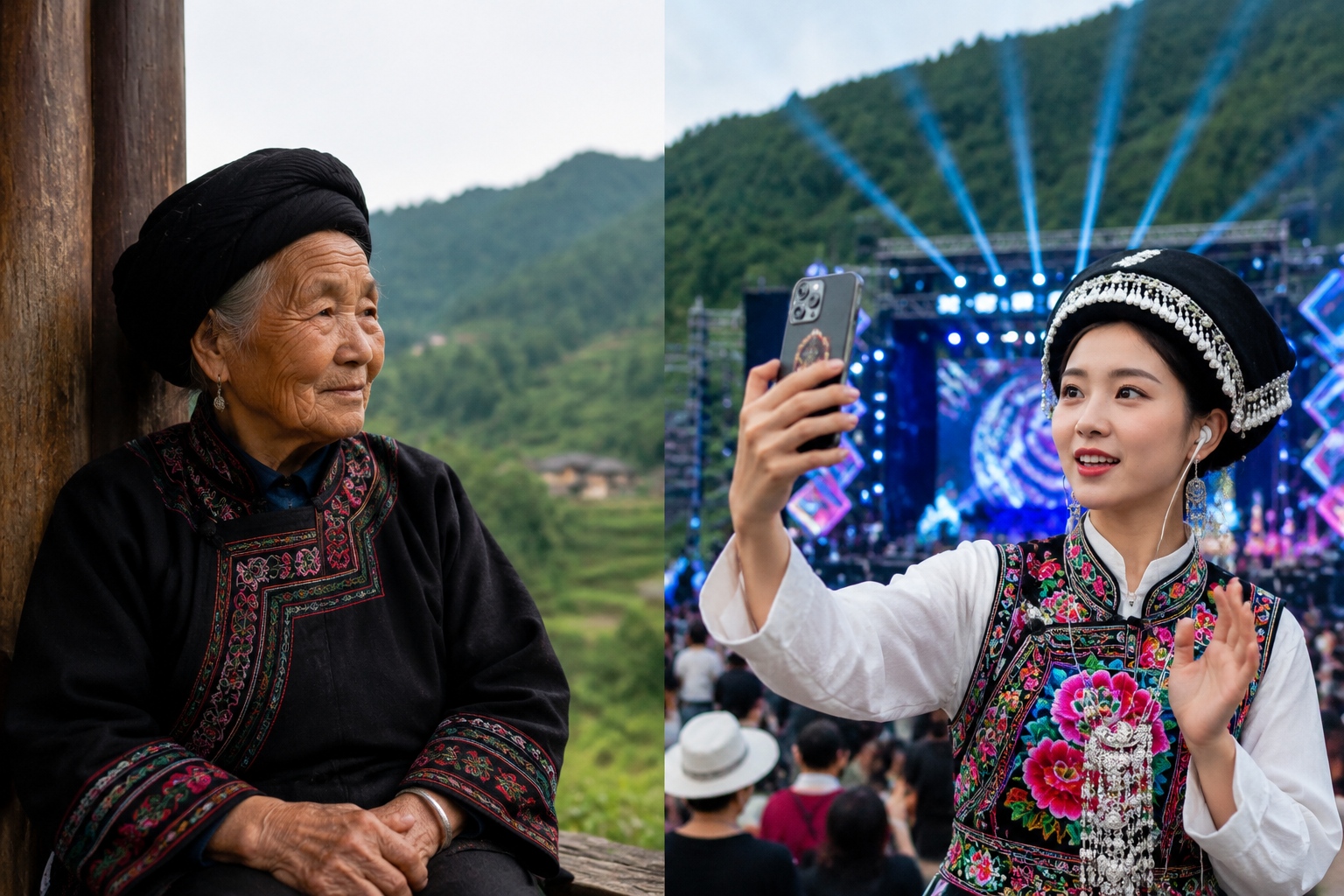 An elderly Yi woman wearing traditional clothing watches as a young Yi woman live-streams the modern Torch Festival celebration on her smartphone