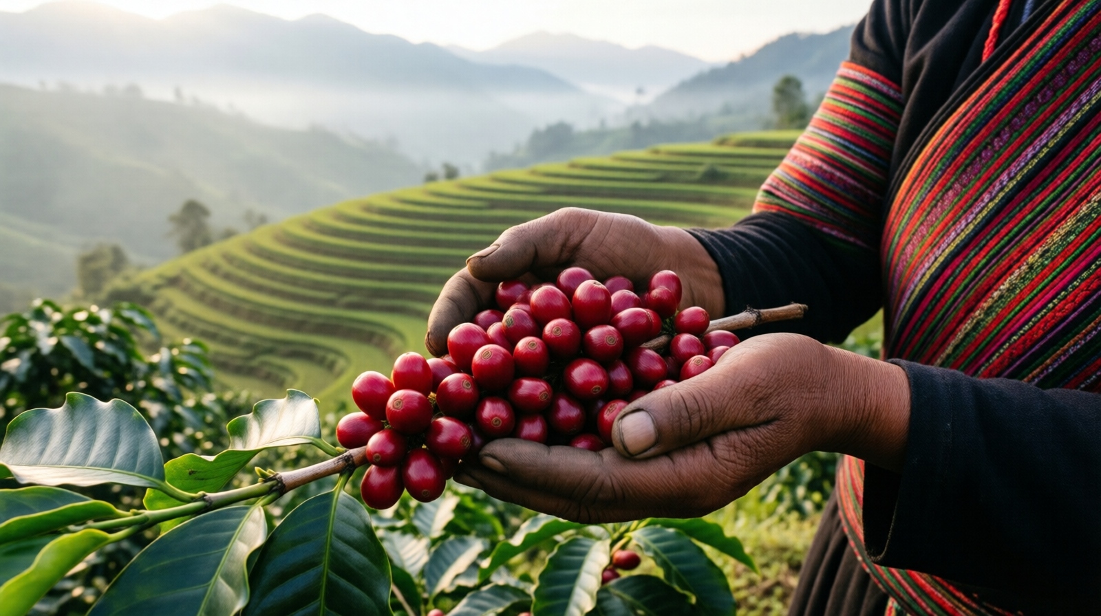 Hani woman holding coffee cherries in terraced field in Yuanyang, Yunnan