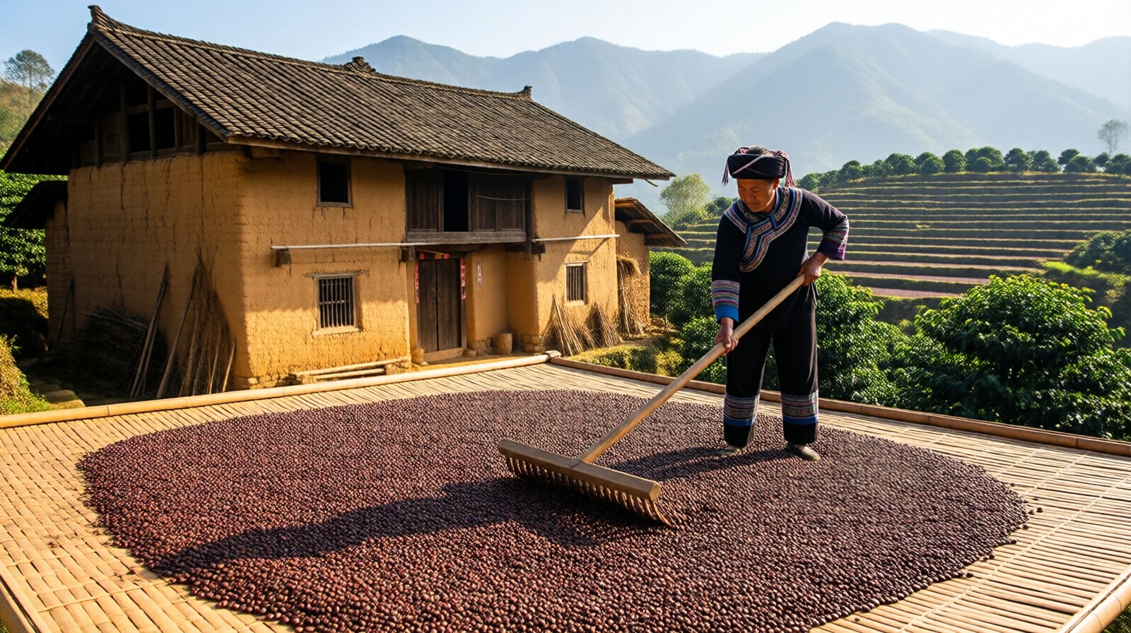 Coffee beans drying on bamboo mats in Hani village of Yuanyang, Yunnan