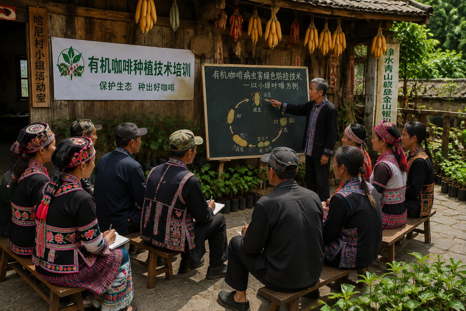 Hani farmers attending organic coffee training session in village courtyard