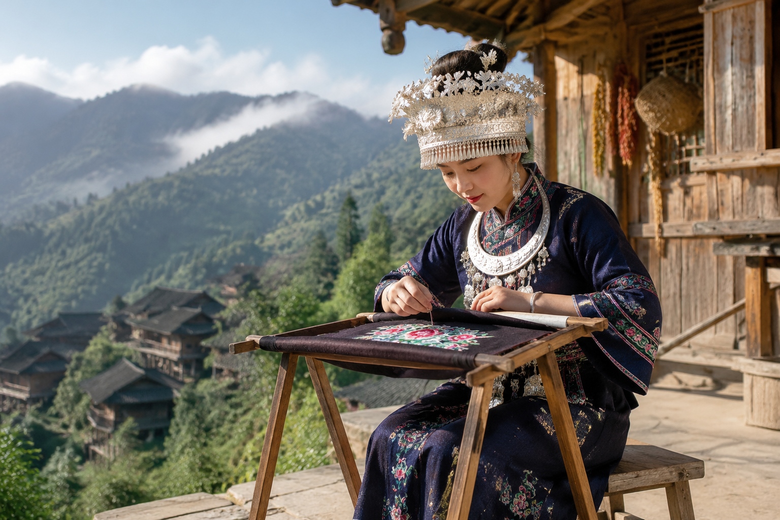 Miao embroiderer working on a traditional pattern in a Guizhou village