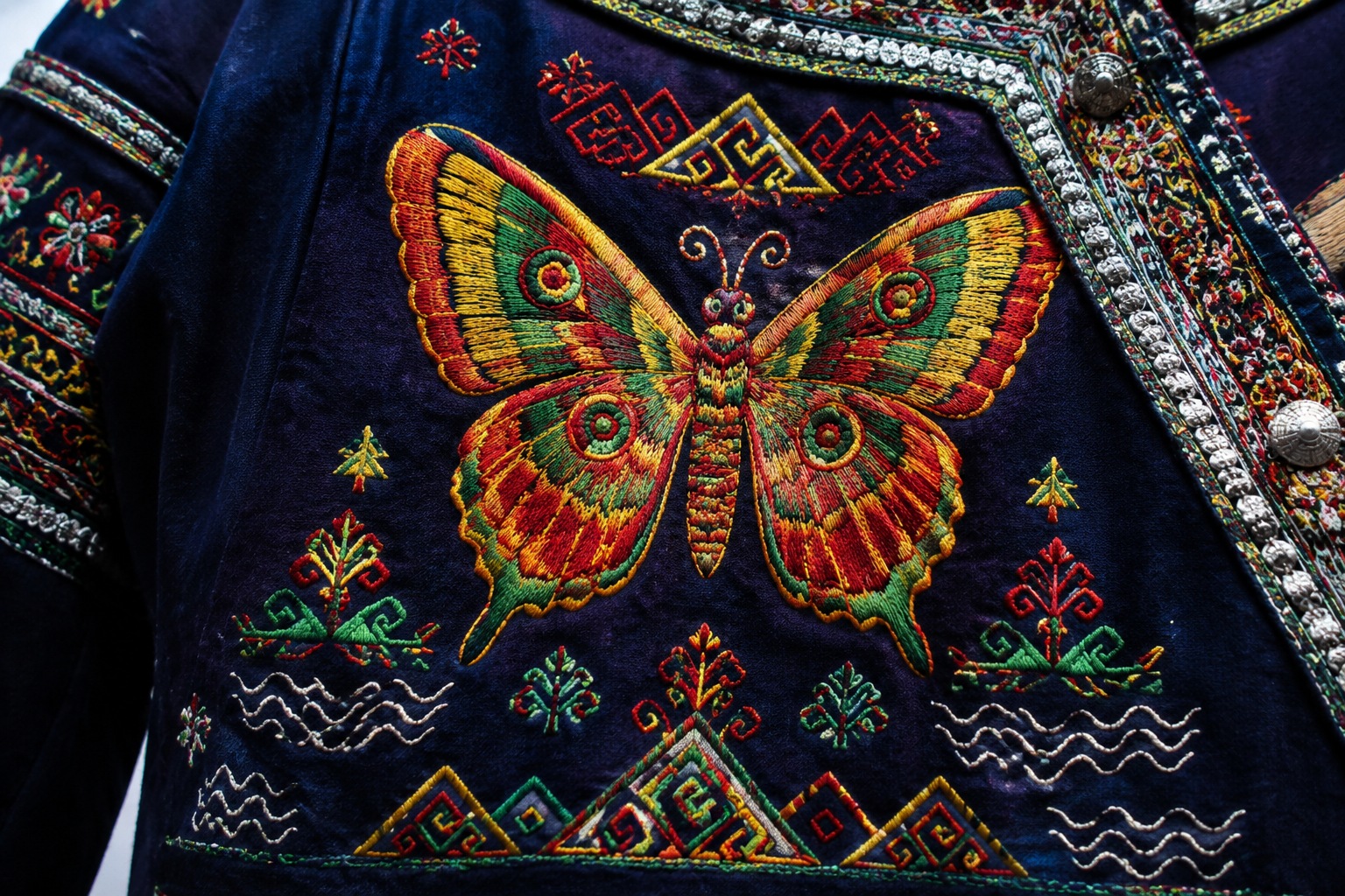 Close-up of Miao embroidery butterfly mother motif with geometric patterns