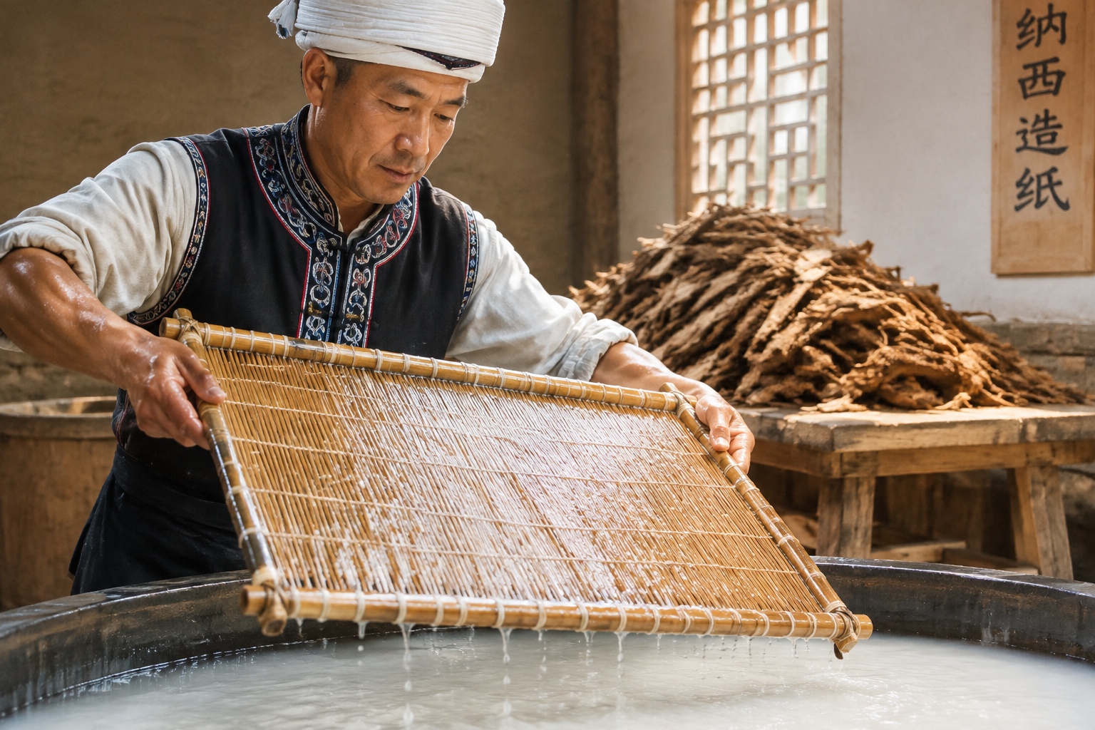 Craftsman's hands dipping a bamboo screen into a vat of pulp to make Dongba paper in Lijiang