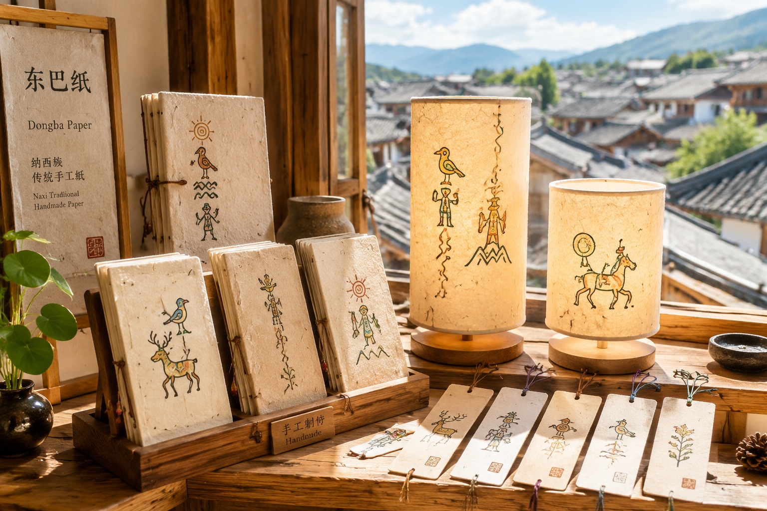 Handmade Dongba paper notebooks and lampshades displayed on a wooden shelf in a Lijiang workshop