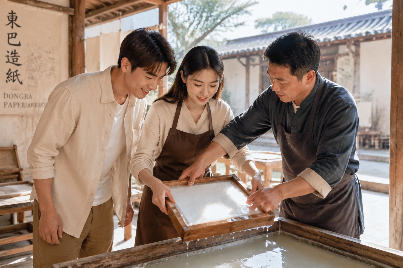 Tourists learning to make Dongba paper with a Naxi craftsman in Lijiang Old Town