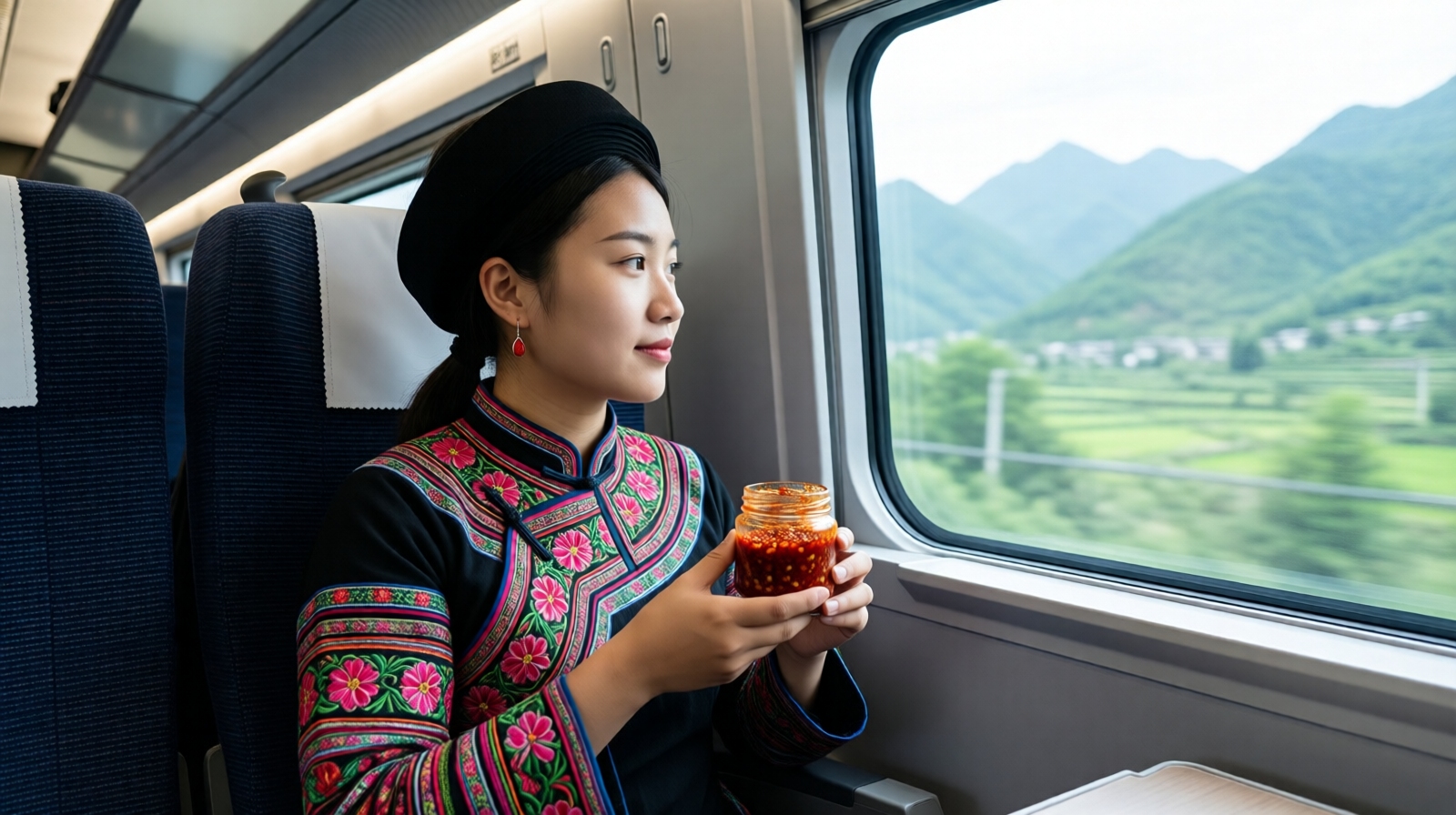 A young Buyi woman in traditional embroidered clothes on a high-speed train in southwest China, looking out the window.