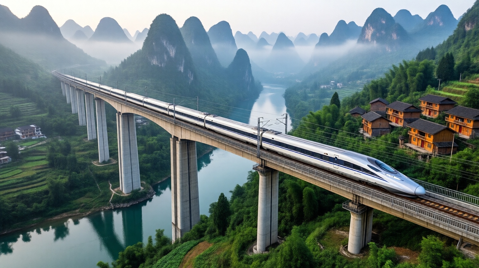 High-speed rail bridge over a steep valley in Guizhou with karst peaks and traditional villages.