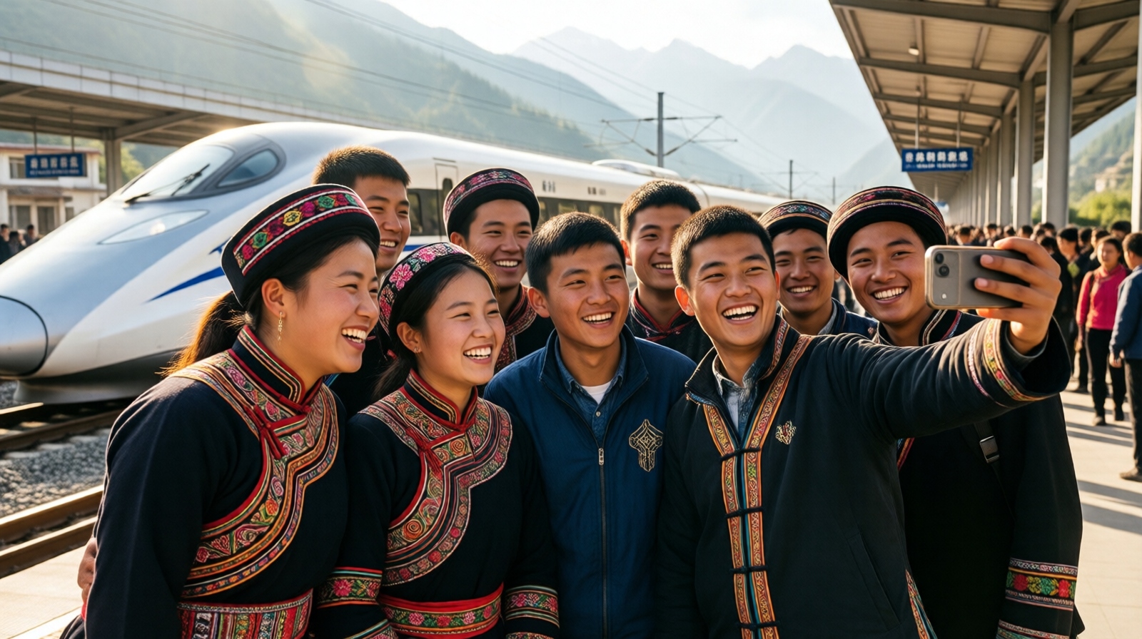 Young ethnic minority people taking a selfie at a rural high-speed rail station platform.