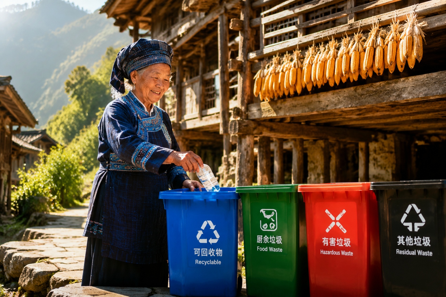 Buyi grandmother in indigo headwrap dropping a plastic bottle into a blue recycling bin outside a wooden stilt house in Guizhou