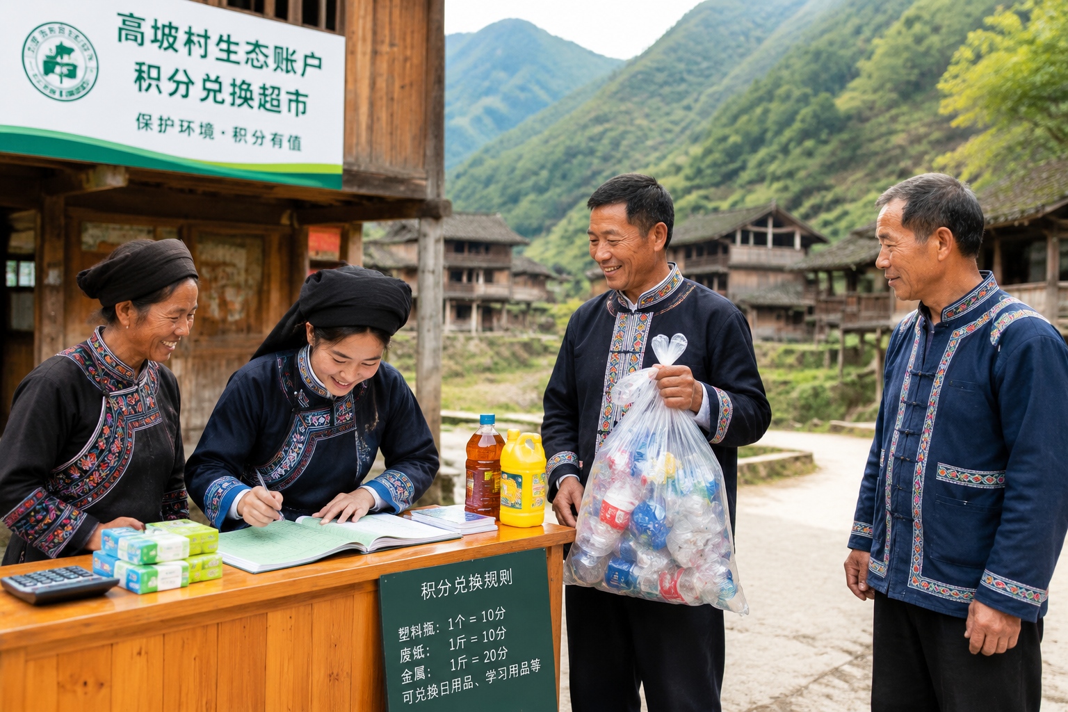 Villagers reviewing a waste-sorting point ledger at a Buyi village eco-exchange counter