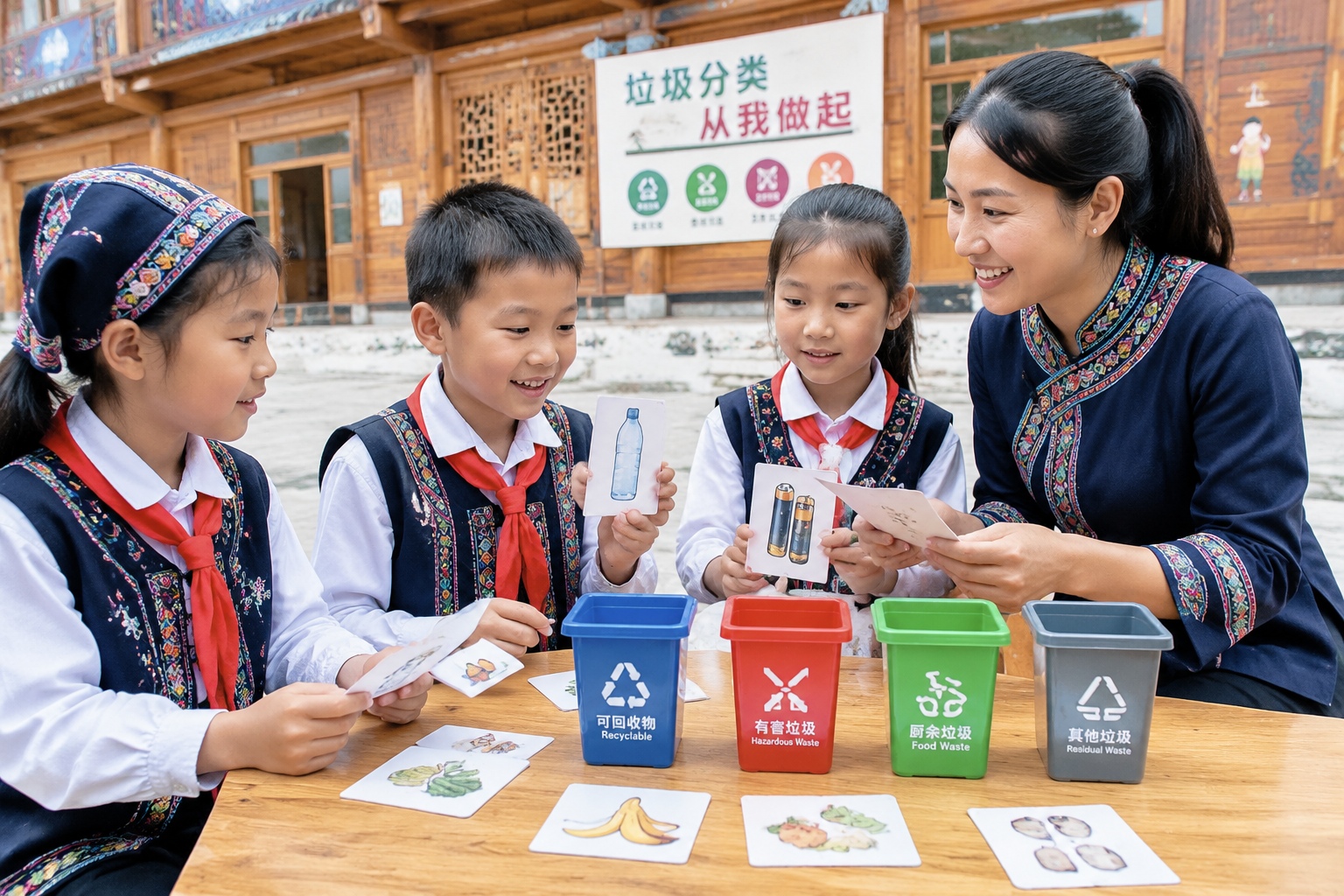 Buyi children playing a waste sorting card game with miniature bins at a village school in Guizhou