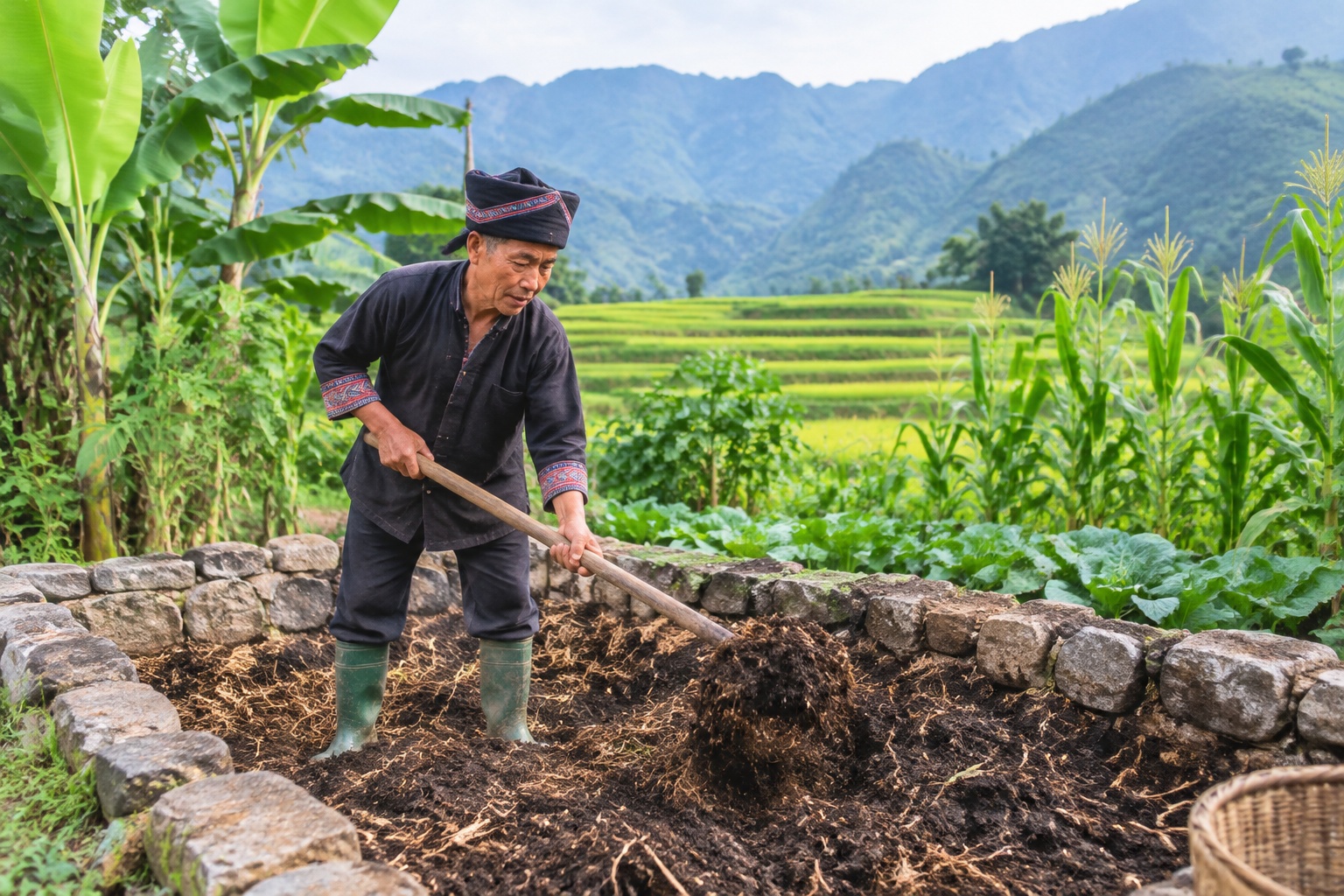 A villager turning compost in a stone-lined pit beside terraced vegetable fields in a Buyi village