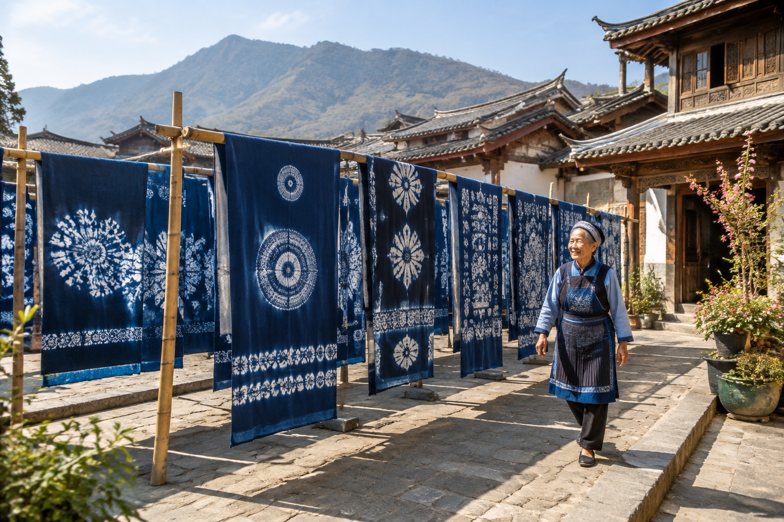 Rows of indigo tie-dye fabric hanging in a Bai courtyard in Zhoucheng, Yunnan