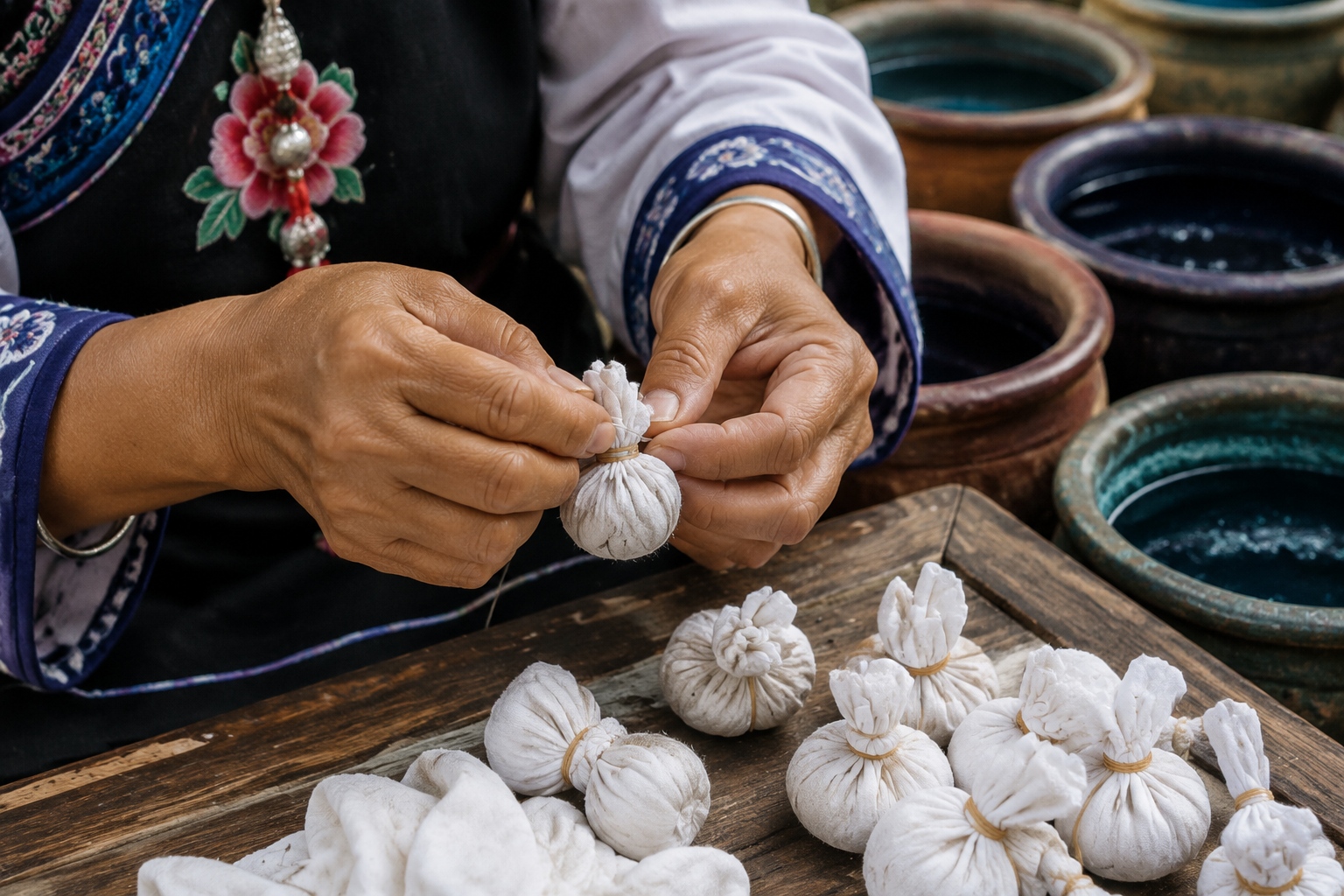 Bai women's hands tying cloth for traditional tie-dye in Zhoucheng