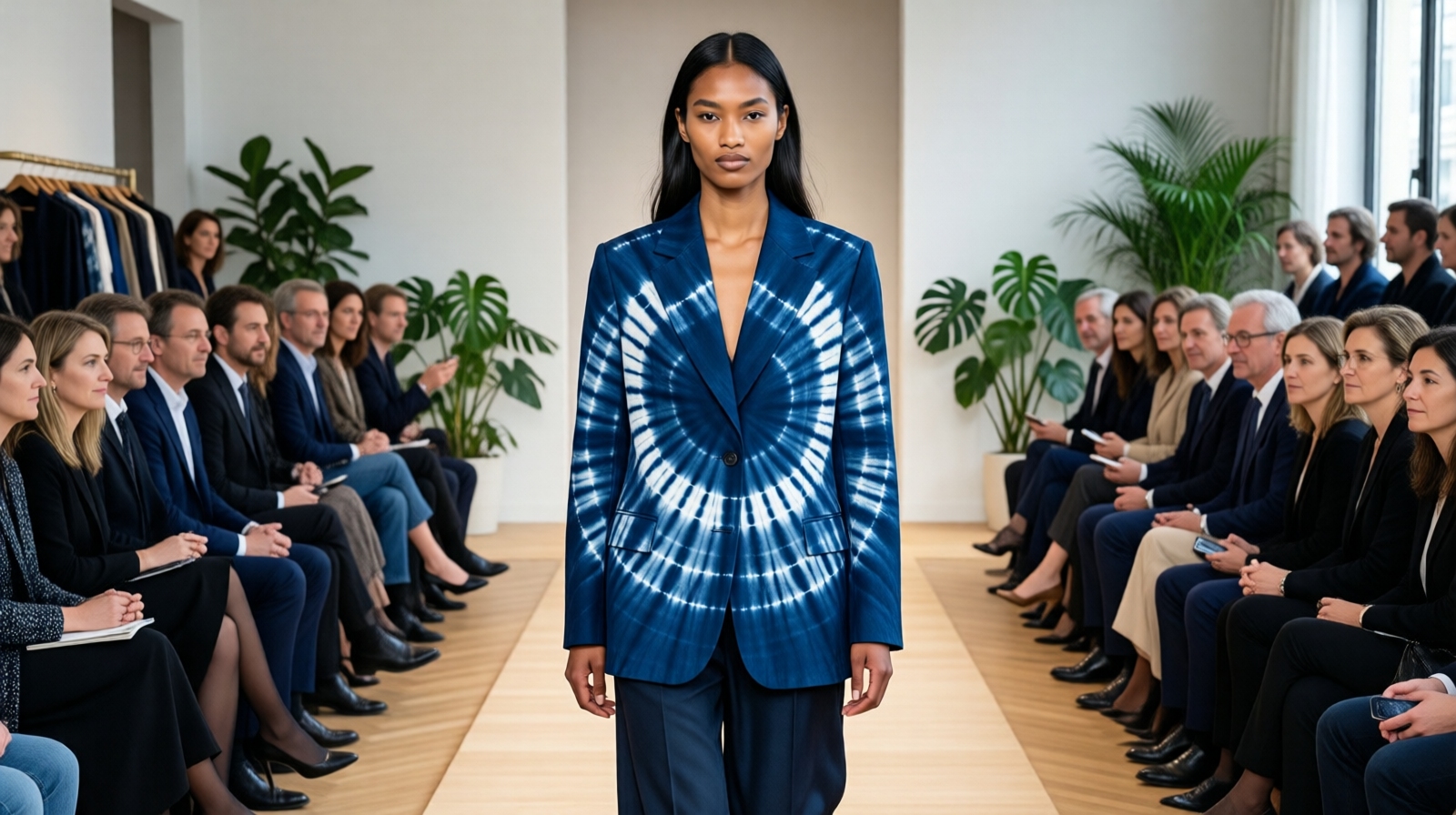 Modern jacket made from Yunnan Bai tie-dye fabric at a Paris fashion presentation