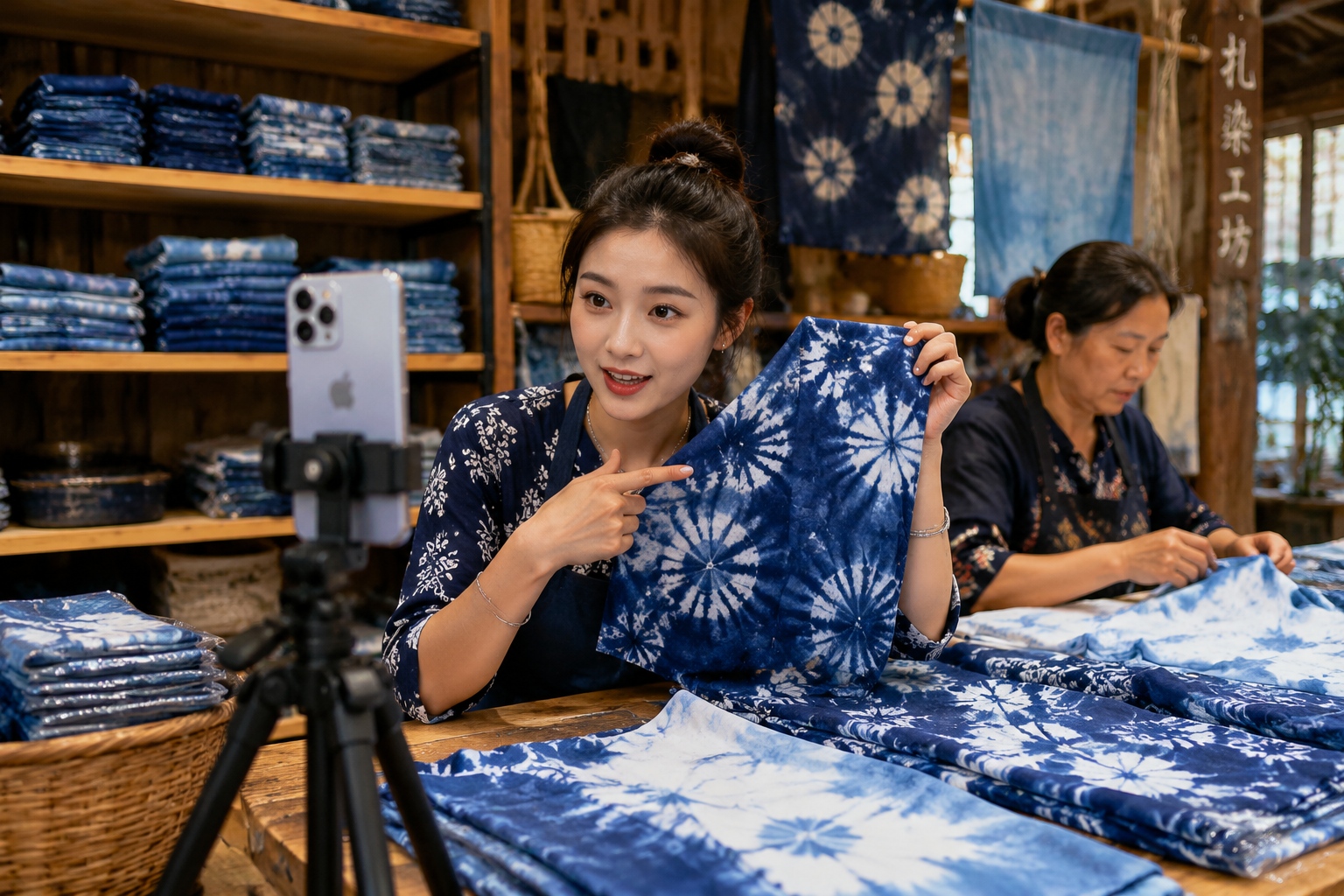 Young Chinese woman livestreaming from a Bai tie-dye workshop in Zhoucheng