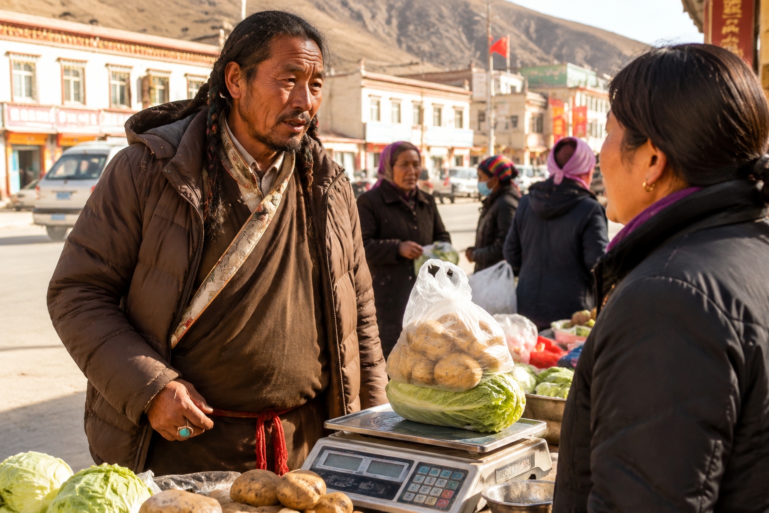 Tibetan herder and a vendor at an early morning market in a Qinghai grassland relocation town.