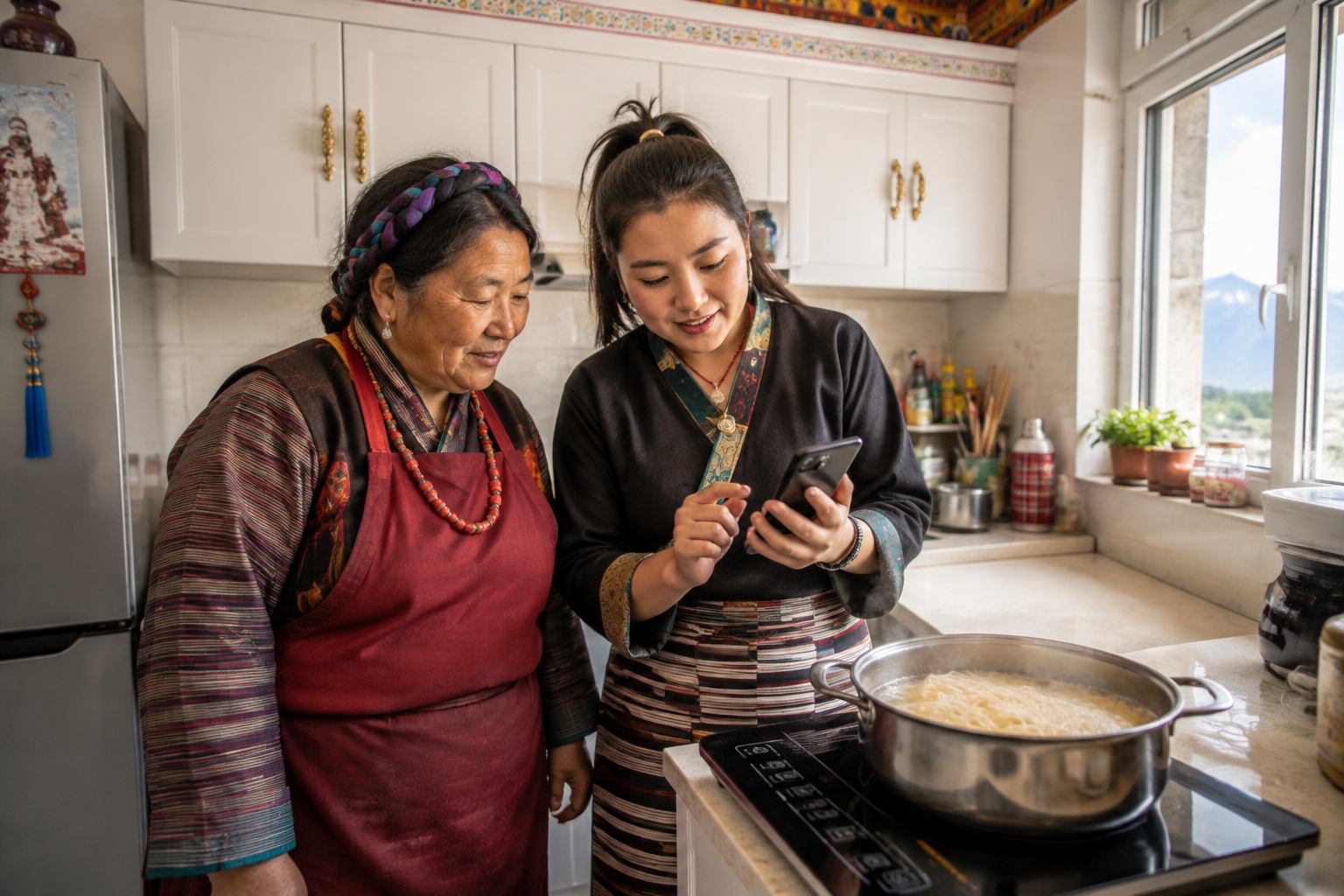 Former herders learn to use modern induction cookers and smartphones in their new apartment.