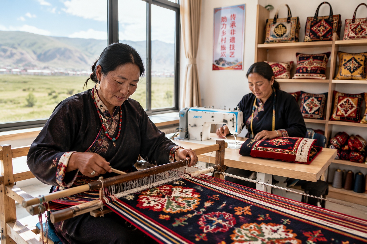 Tibetan women former herders weave traditional carpets and sew crafts in a training workshop.