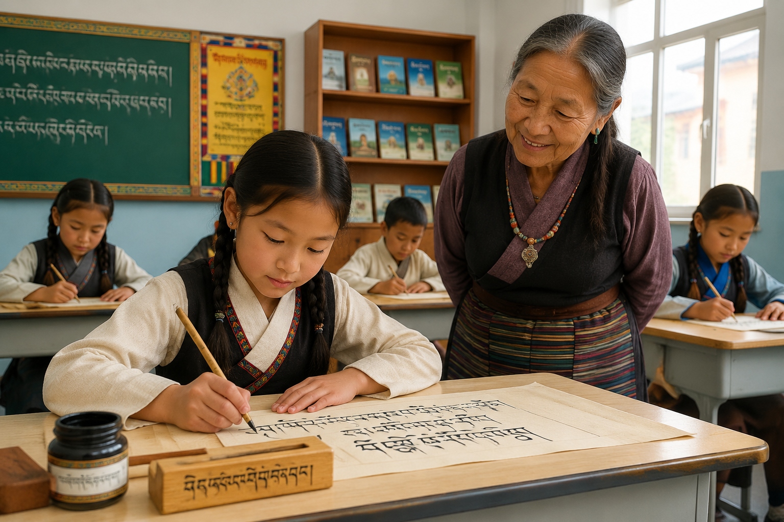 Tibetan schoolchildren practice Tibetan calligraphy after school in a relocation town primary school.