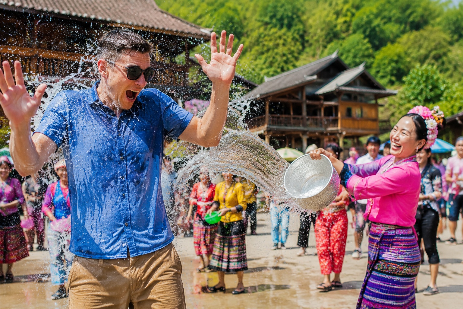 Tourist gets splashed by a smiling Dai woman during Water Splashing Festival in Dehong, Yunnan