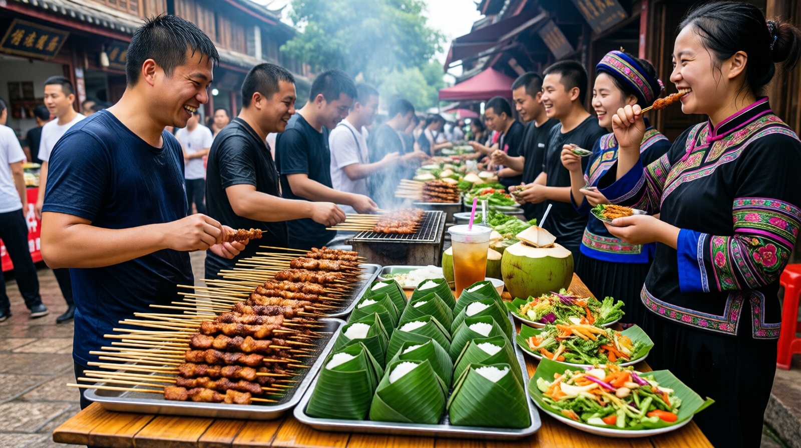 Festival market with grilled food and sticky rice during Water Splashing Festival in Dehong, Yunnan