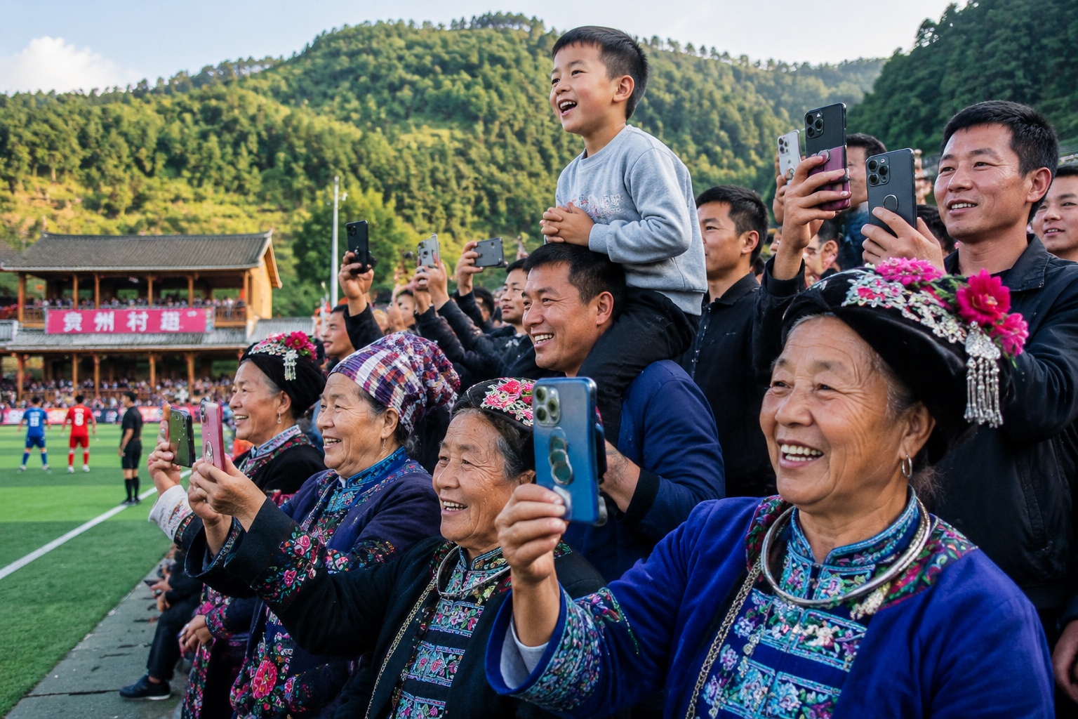 Spectators at the Village Super League in Guizhou cheering and livestreaming the match on their smartphones.