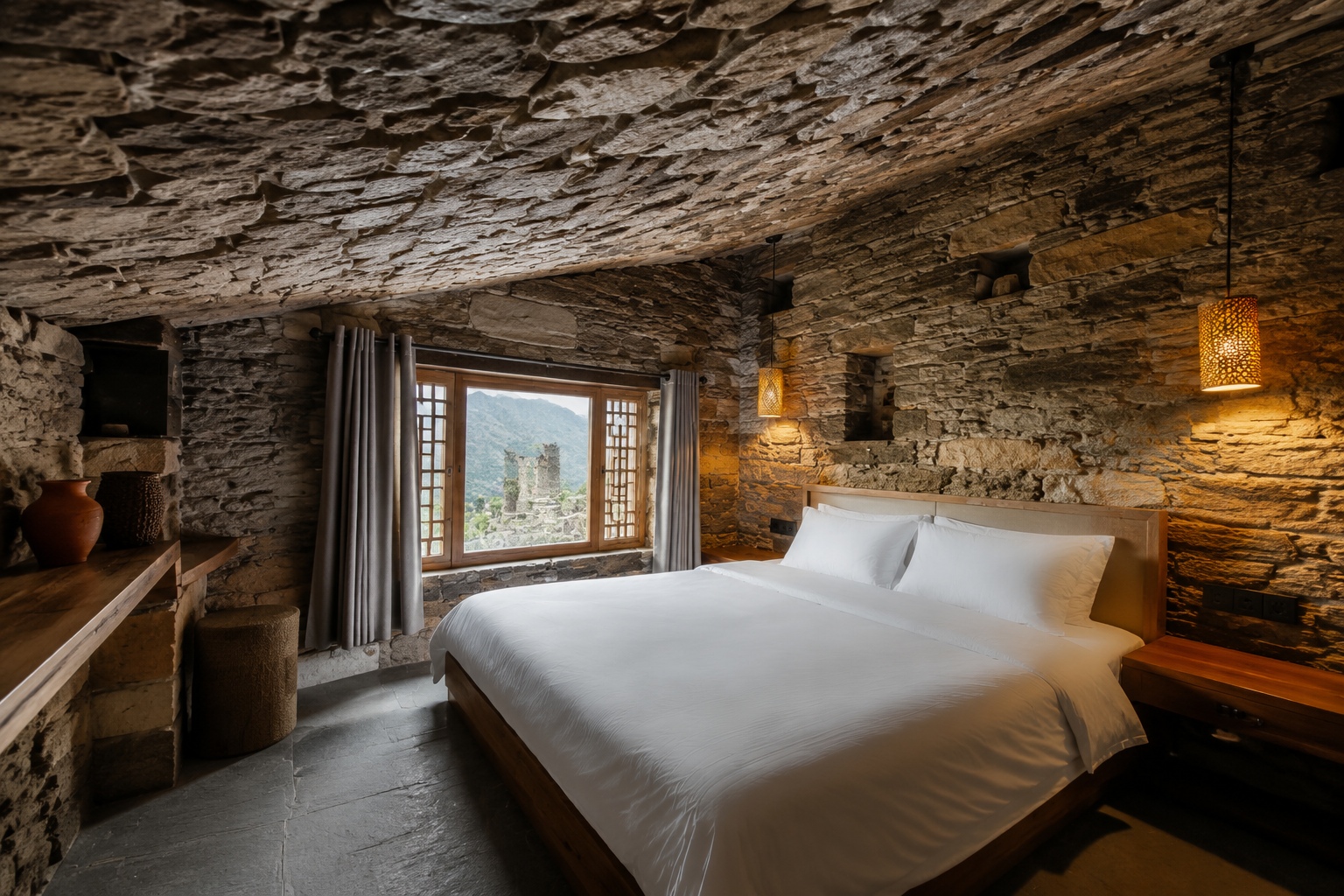 Interior of a restored Qiang watchtower bedroom in Taoping village, Sichuan, with a cozy bed and exposed stone walls.