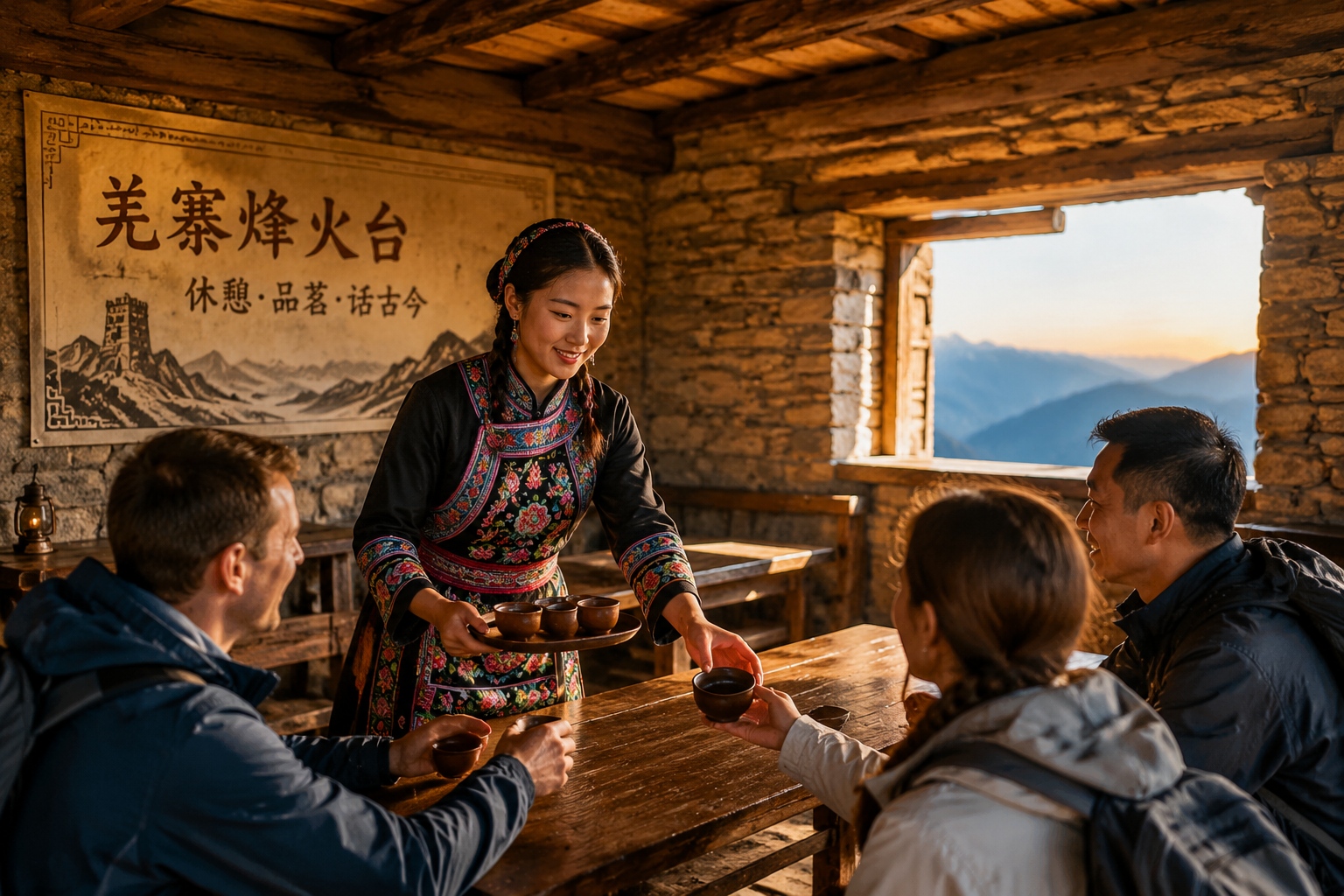 A local Qiang host serving tea to guests inside a converted watchtower guesthouse in Aba, Sichuan.
