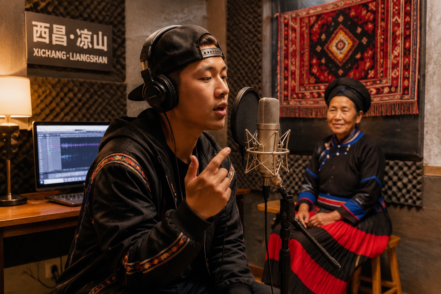 A young Yi rapper records vocals in a small studio while his grandmother listens from a chair in the background.
