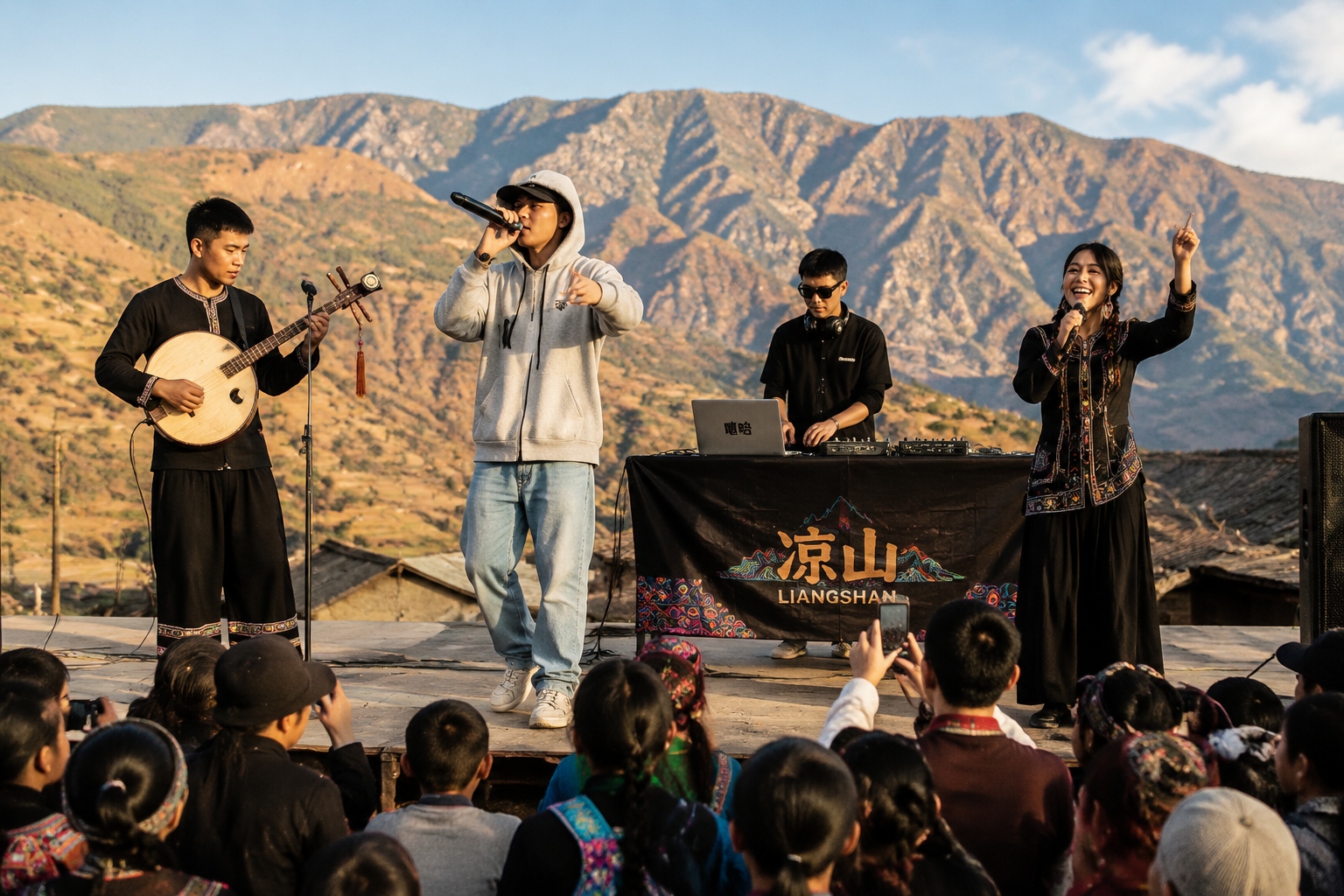 Young Yi hip-hop performers on an outdoor stage in Liangshan, with a traditional yueqin player and a DJ, watched by a local audience.