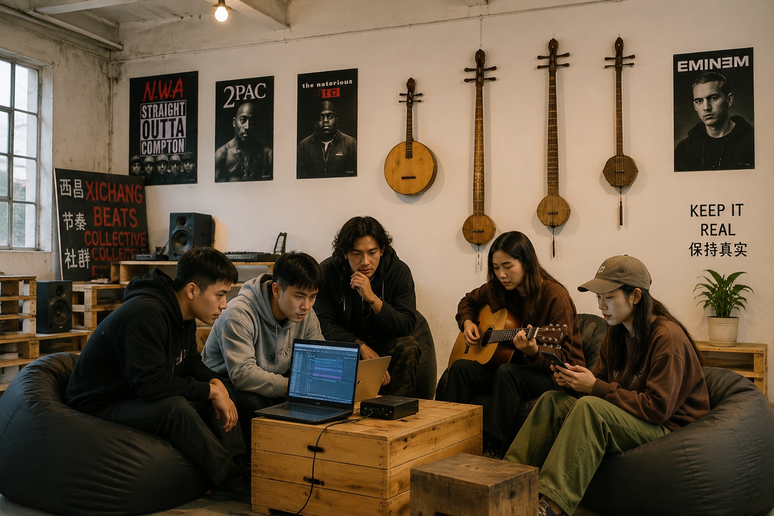 Young musicians gather in a DIY music space in Xichang, with a laptop and traditional Yi instruments on the wall.