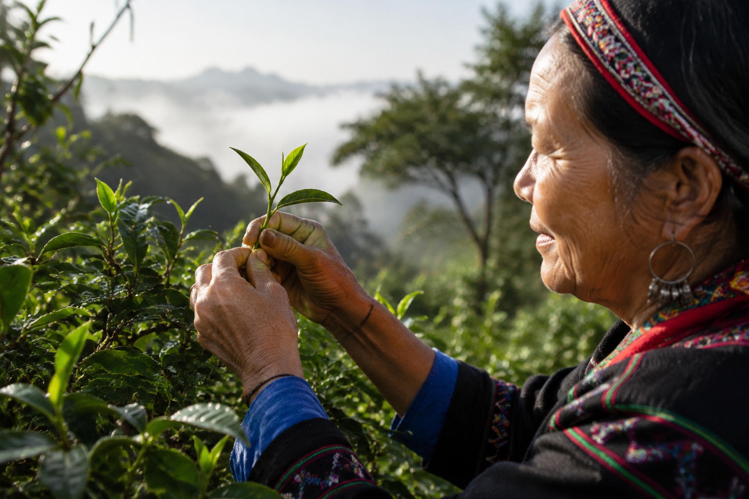 A Bulang woman's hands picking a fresh tea leaf with two leaves and a bud from an ancient tea tree in Jingmai Mountain's forest